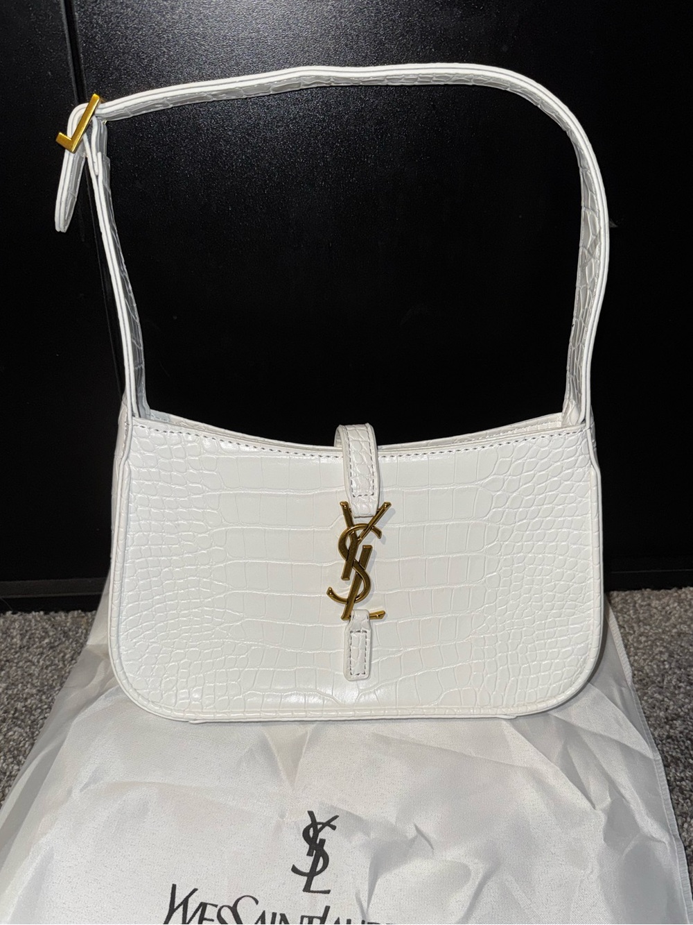 Saint Laurent White Croc-Embossed Shoulder Bag with Gold YSL Hardware